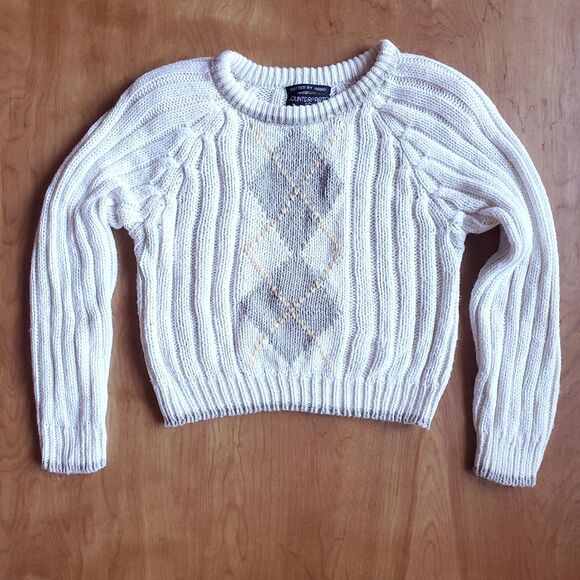 Vintage 90s Hand Knit Cropped Sweater XS Petite Long Sleeve Argyle Chunky Preppy - Picture 3 of 9
